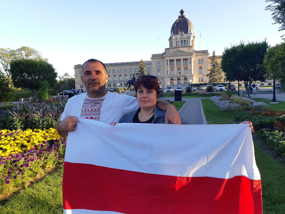 Saskatchewan Legislative Assembly in Regina and Belarus white-red-white Flag
