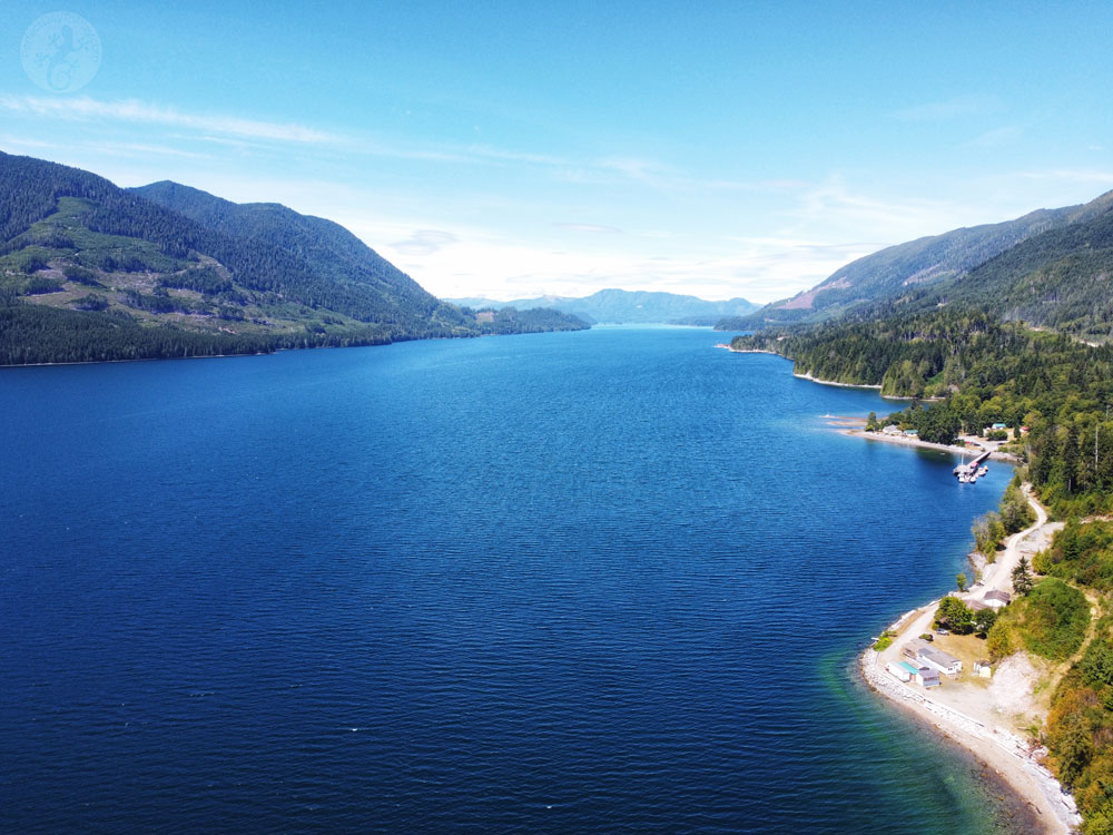 Neroutsos Inlet, North Vancouver Island summer seascape from aerial drone