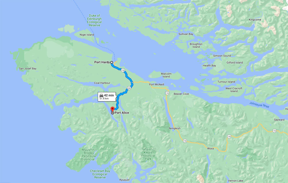 how to get to Port Alice from port Hardy driving map
