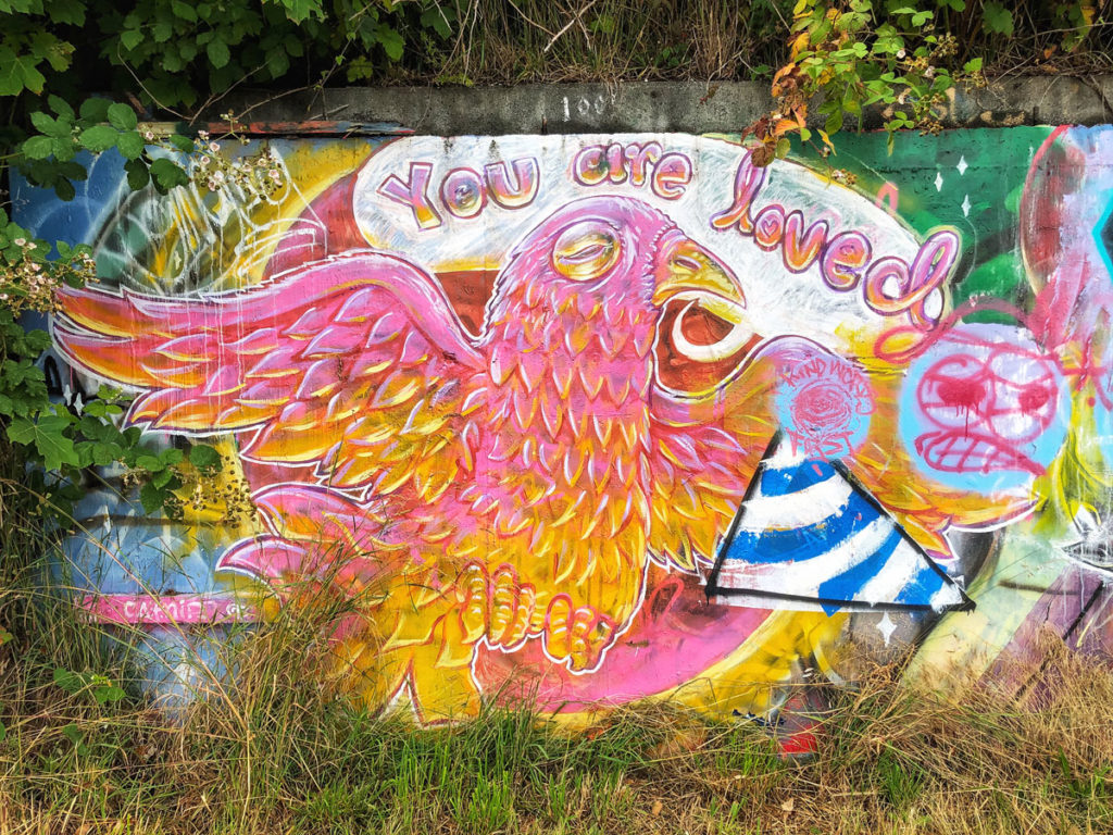 graffiti modern urban street art near Willingdon Beach Park in Powell River, British Columbia Canada - you are loved
