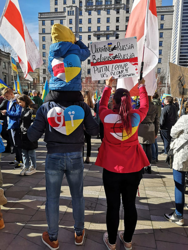 Belarusians attending Ukrainian anti-war rally in Vancouver, Canada. March 2022