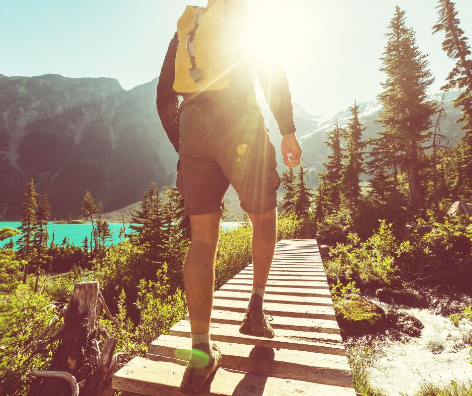 a man hiking across a bridge into the alpine forest