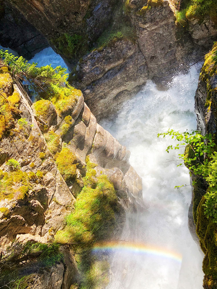 Maligne Canyon walk - waterfalls creating double rainbow