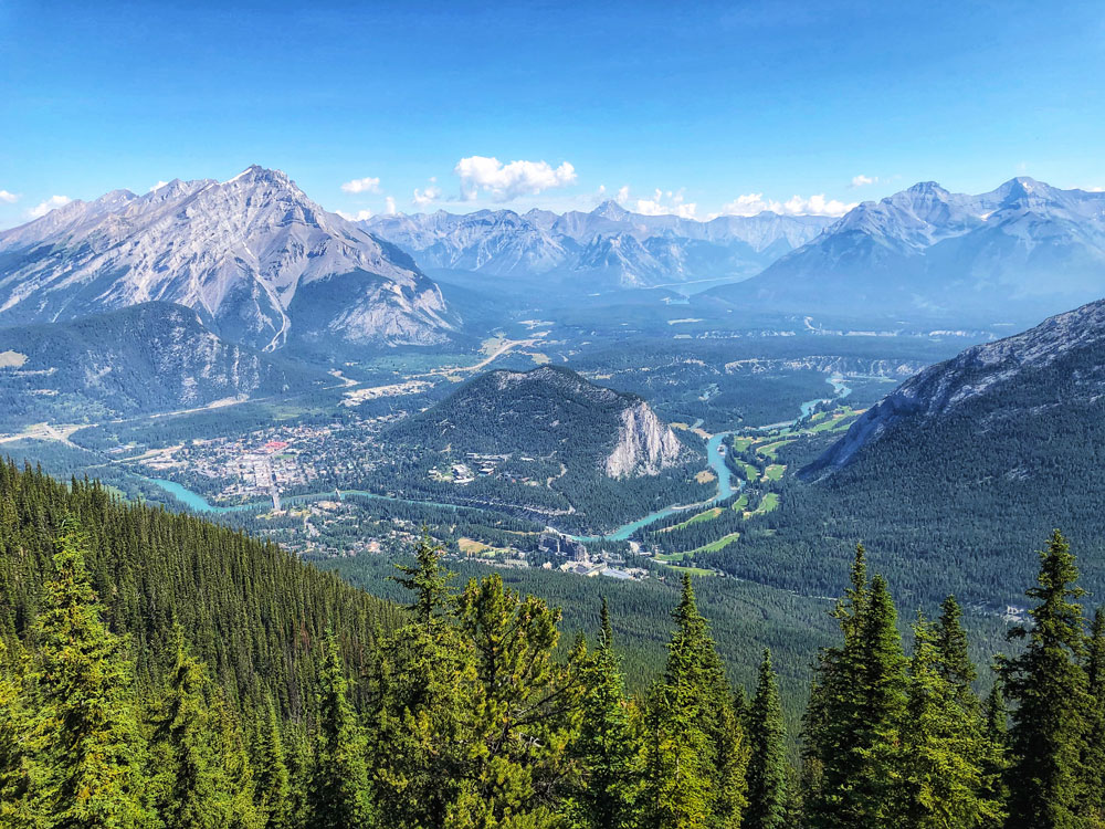 Banff town and Canadian Rockies as seen from Sulphur Mountain Gondola, Alberta Canada